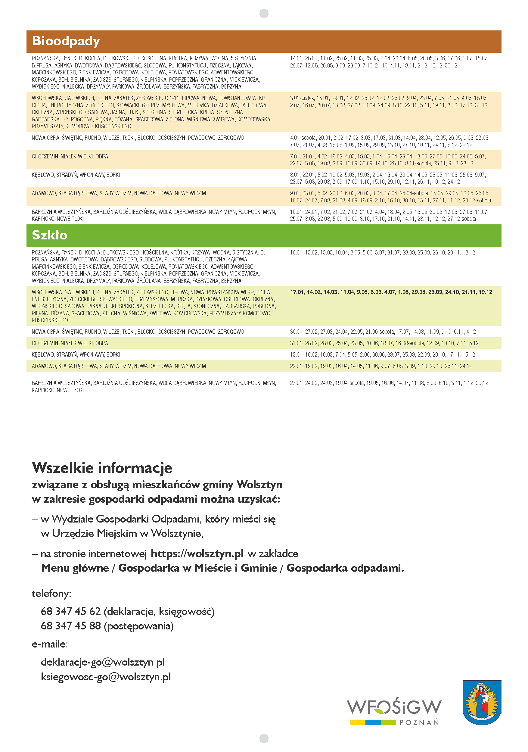 Harmonogram wywozu odpadów  z terenu gminy Wolsztyn 2025 rok